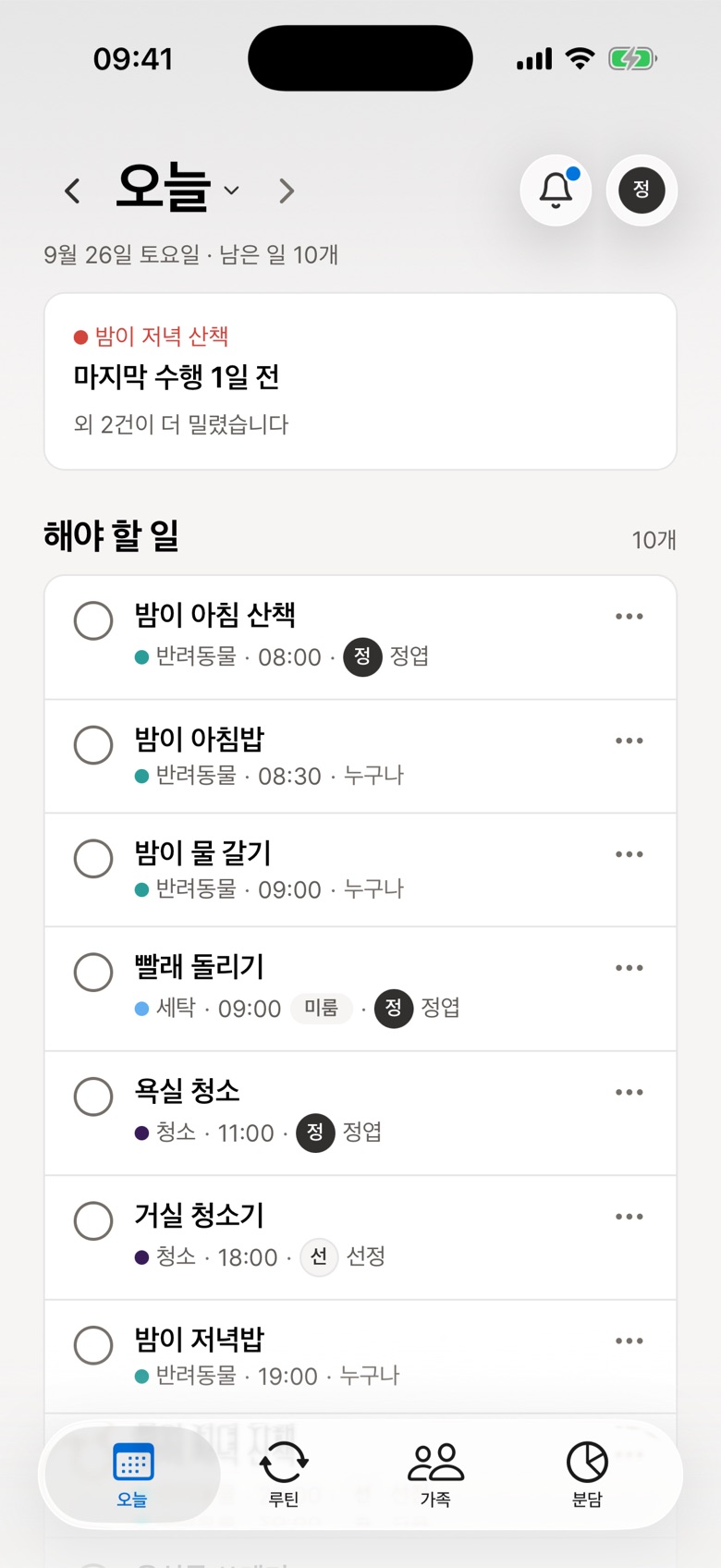 해따리스트 오늘 화면 — 오늘 해야 할 일 10개와 담당자가 보인다